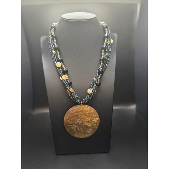 Vintage Handcrafted Brass Etched Bird Pendant with Beaded Collar Necklace - Picture 10 of 10